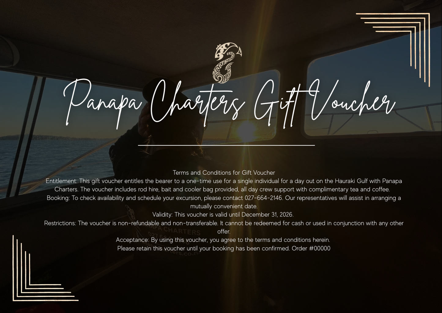 Panapa Charters gift voucher with boat and ocean background