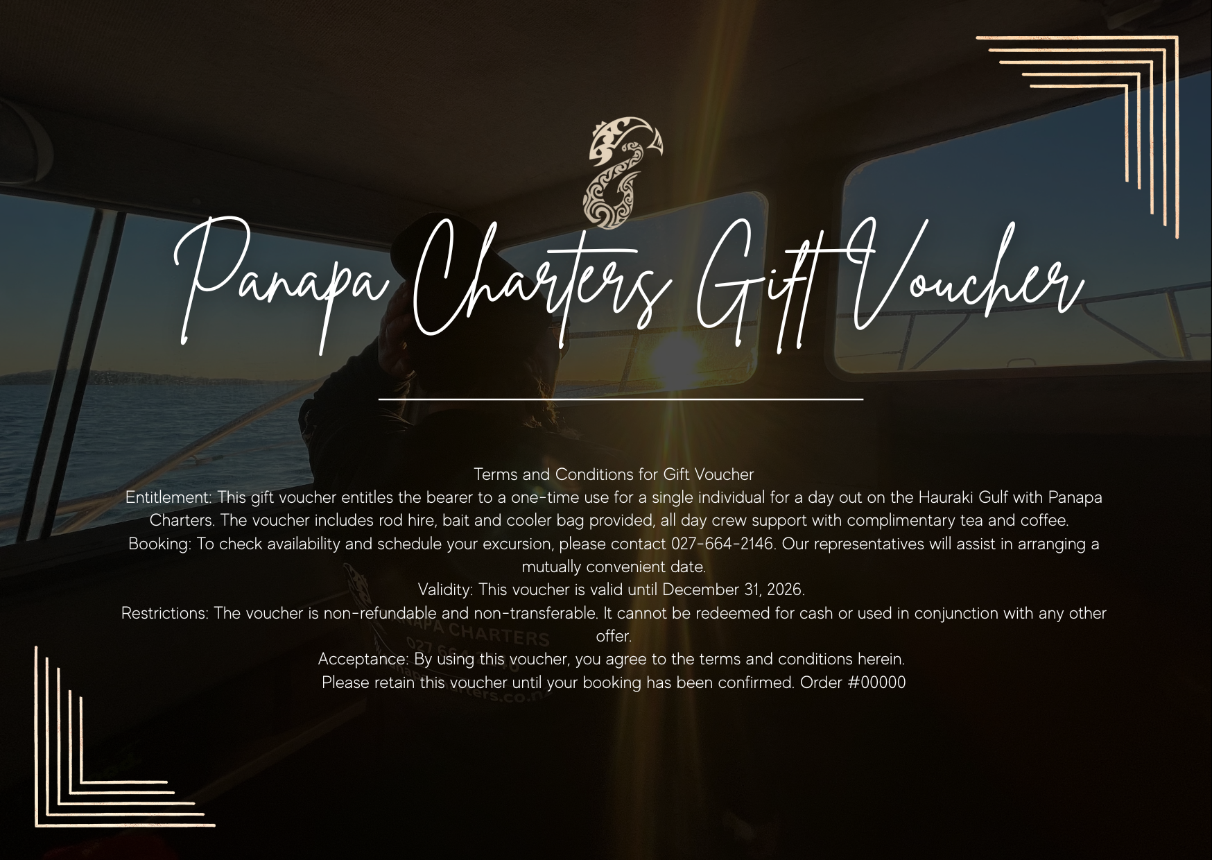 Panapa Charters gift voucher with boat and ocean background